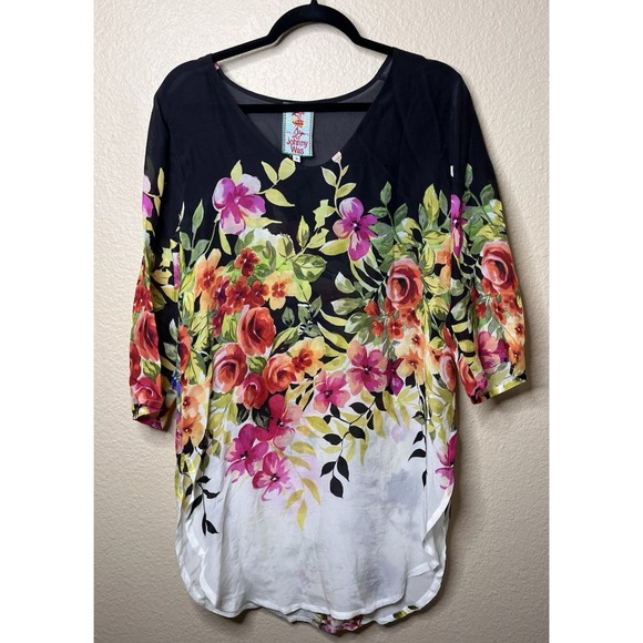 Johnny Was Small Betty Floral Tunic Shirt Oversized Semi Sheer Side Slits - Picture 1 of 7